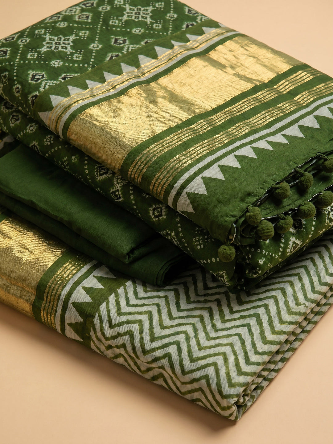 Bottle Green Printed Cotton Blend Unstitched Suit With Pant &amp; Dupatta