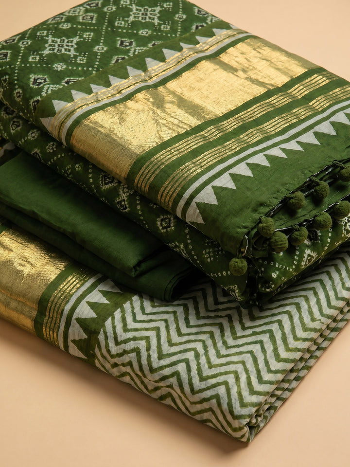 Bottle Green Printed Cotton Blend Unstitched Suit With Pant &amp; Dupatta