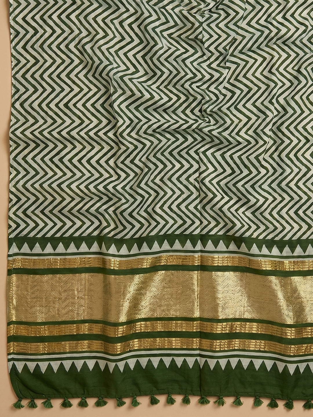 Bottle Green Printed Cotton Blend Unstitched Suit With Pant &amp; Dupatta
