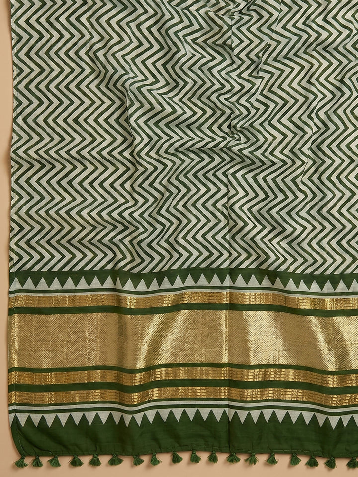 Bottle Green Printed Cotton Blend Unstitched Suit With Pant &amp; Dupatta