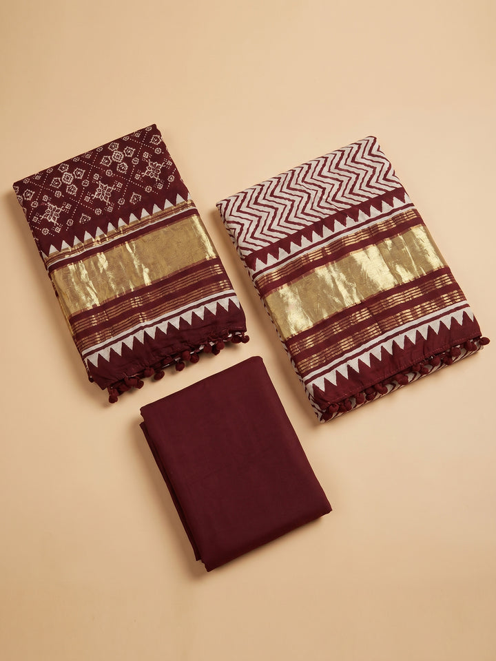 Maroon Printed Cotton Blend Unstitched Suit With Pant &amp; Dupatta