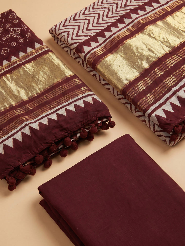 Maroon Printed Cotton Blend Unstitched Suit With Pant &amp; Dupatta