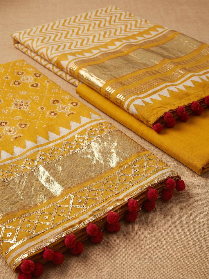 Mustard Printed Cotton Blend Unstitched Suit With Pant &amp; Dupatta
