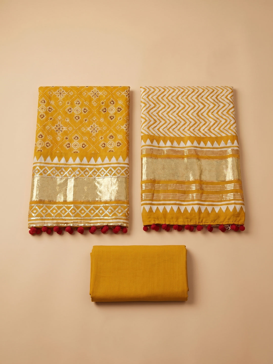 Mustard Printed Cotton Blend Unstitched Suit With Pant &amp; Dupatta