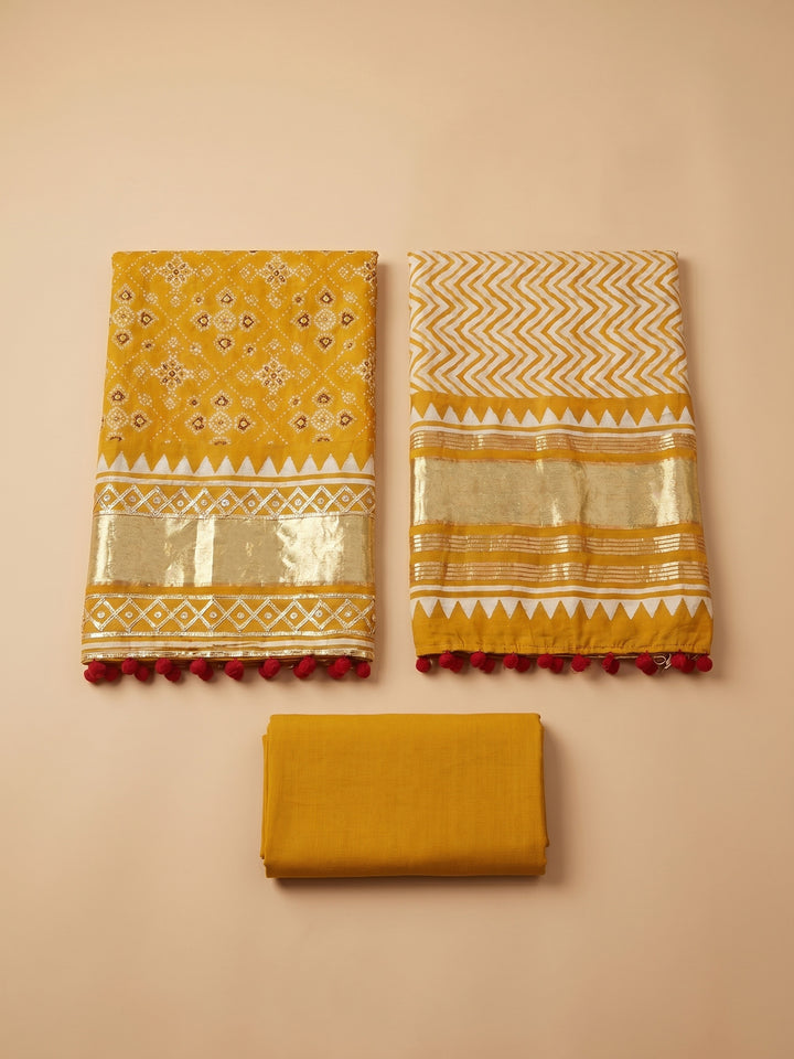 Mustard Printed Cotton Blend Unstitched Suit With Pant &amp; Dupatta