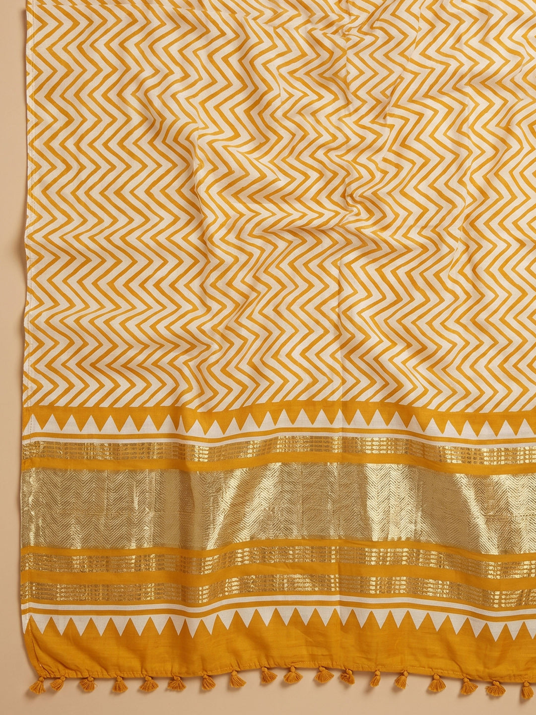 Mustard Printed Cotton Blend Unstitched Suit With Pant &amp; Dupatta