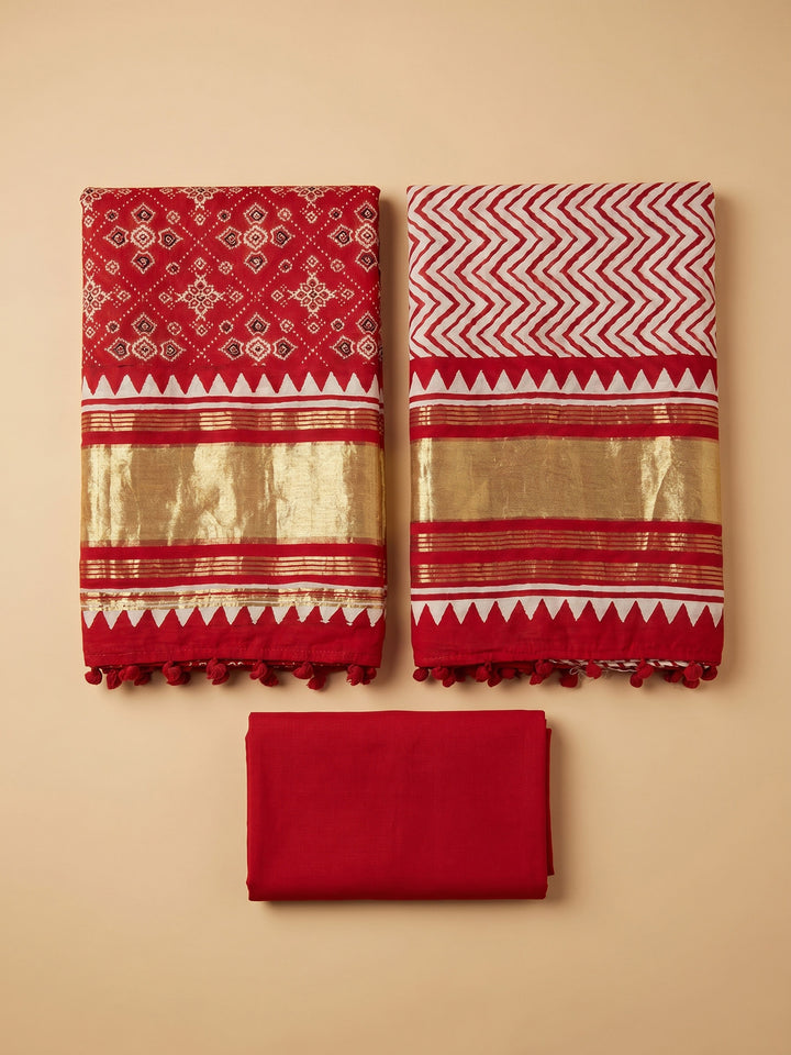 Red Printed Cotton Blend Unstitched Suit With Pant &amp; Dupatta