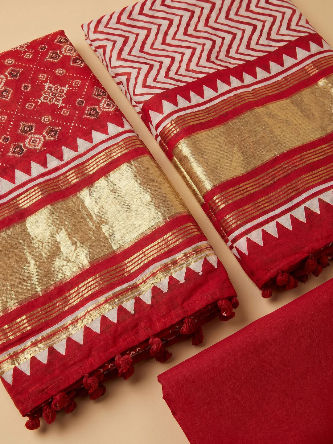 Red Printed Cotton Blend Unstitched Suit With Pant &amp; Dupatta
