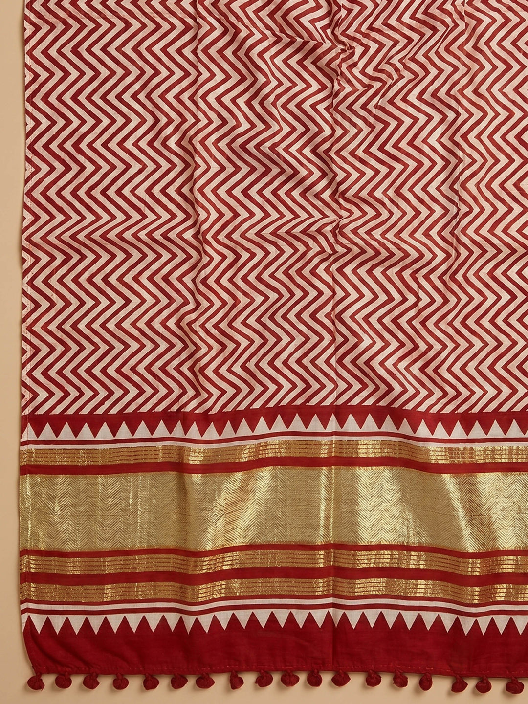 Red Printed Cotton Blend Unstitched Suit With Pant &amp; Dupatta