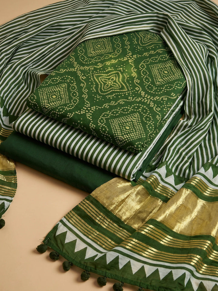 Bottle Green Printed Cotton Blend Unstitched Suit With Pant &amp; Dupatta
