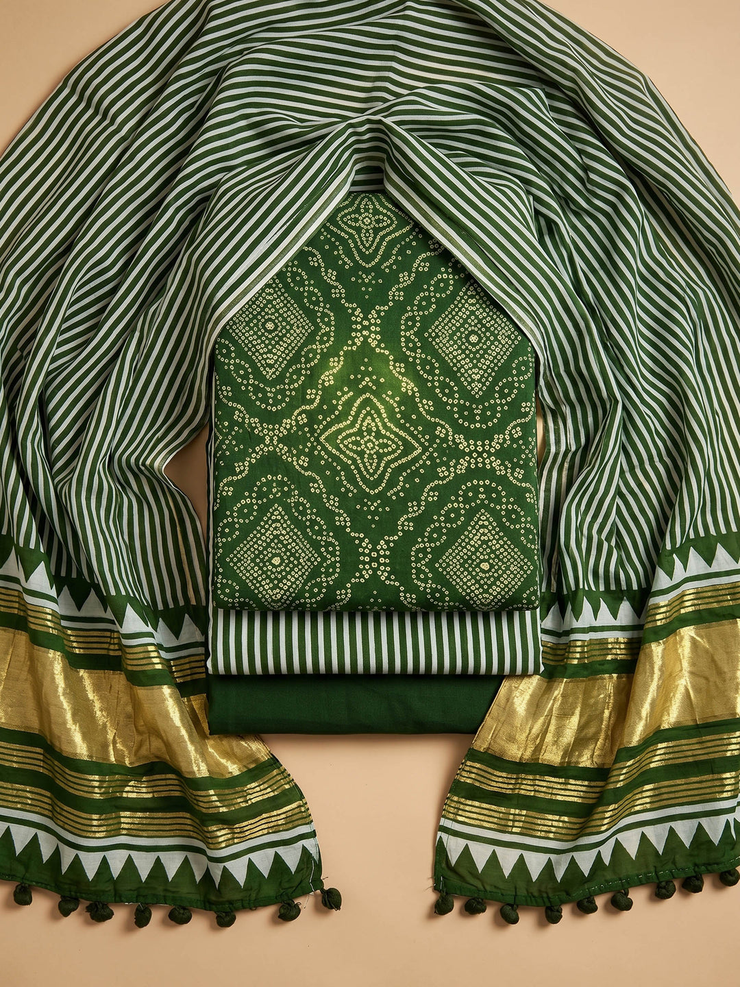 Bottle Green Printed Cotton Blend Unstitched Suit With Pant &amp; Dupatta