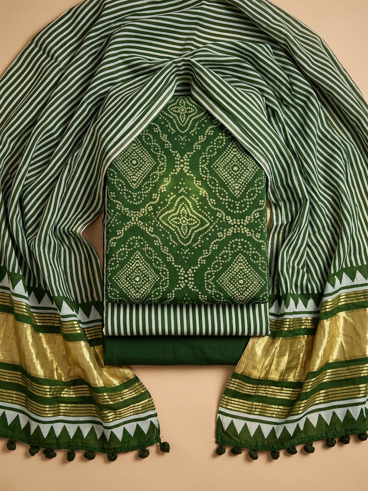 Bottle Green Printed Cotton Blend Unstitched Suit With Pant &amp; Dupatta