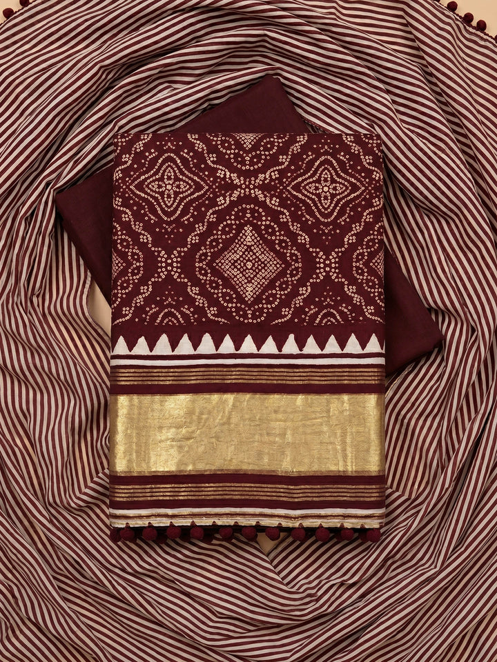 Maroon Printed Cotton Blend Unstitched Suit With Pant &amp; Dupatta