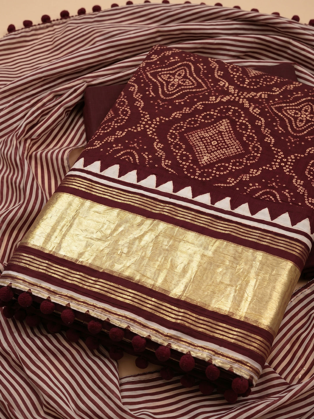 Maroon Printed Cotton Blend Unstitched Suit With Pant &amp; Dupatta