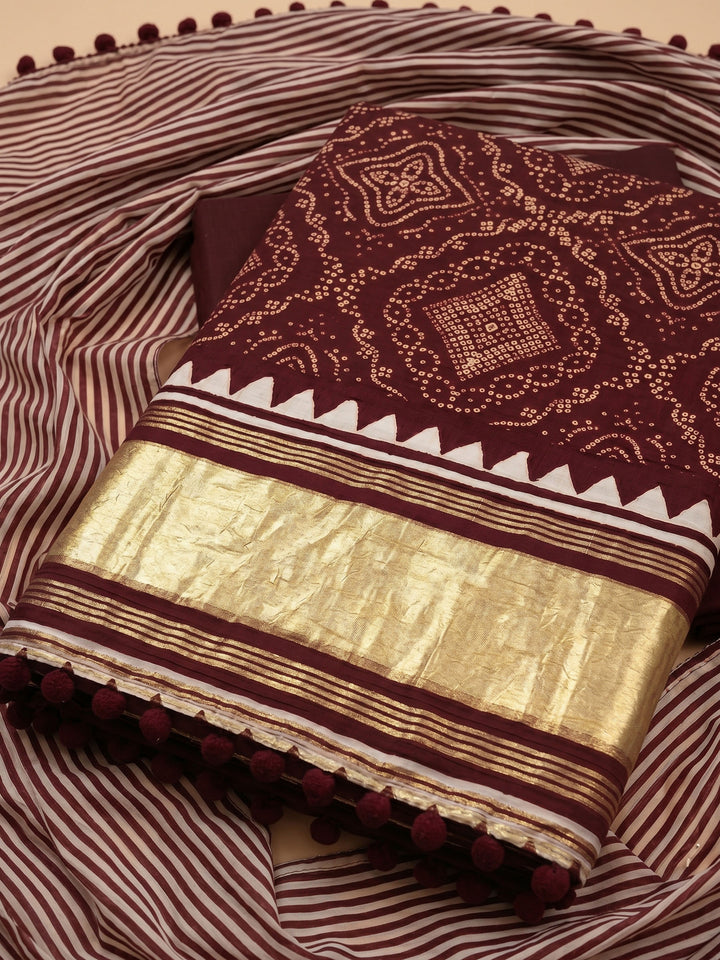 Maroon Printed Cotton Blend Unstitched Suit With Pant &amp; Dupatta