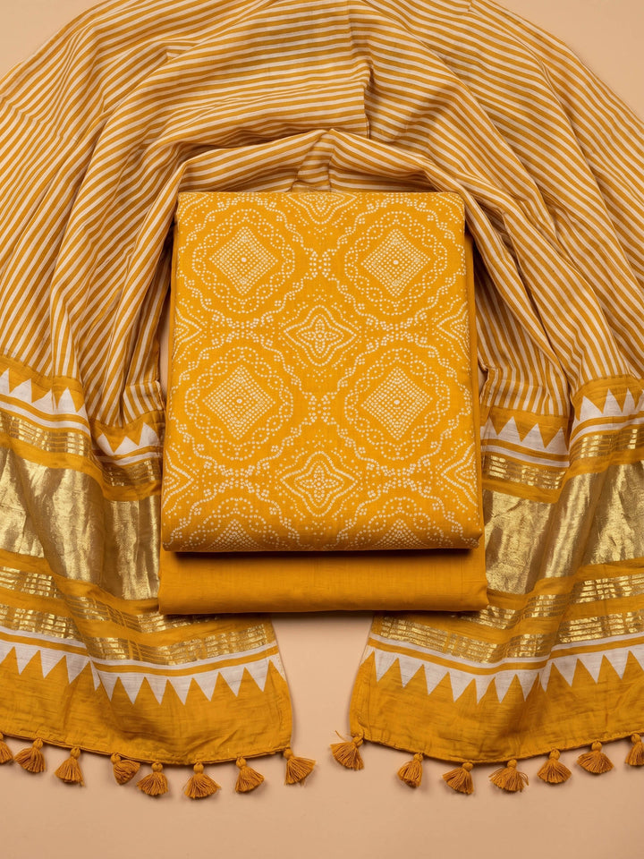 Mustard Printed Cotton Blend Unstitched Suit With Pant &amp; Dupatta