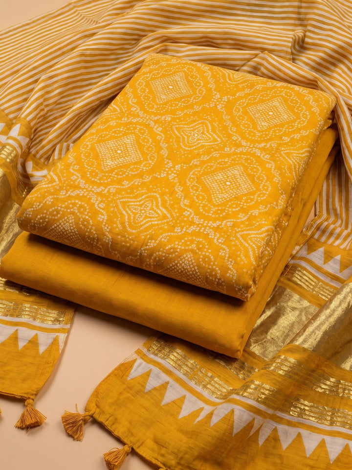 Mustard Printed Cotton Blend Unstitched Suit With Pant &amp; Dupatta