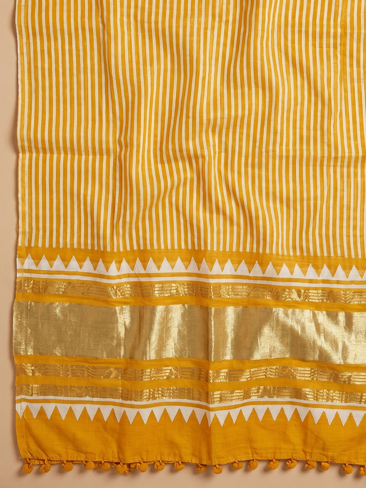 Mustard Printed Cotton Blend Unstitched Suit With Pant &amp; Dupatta