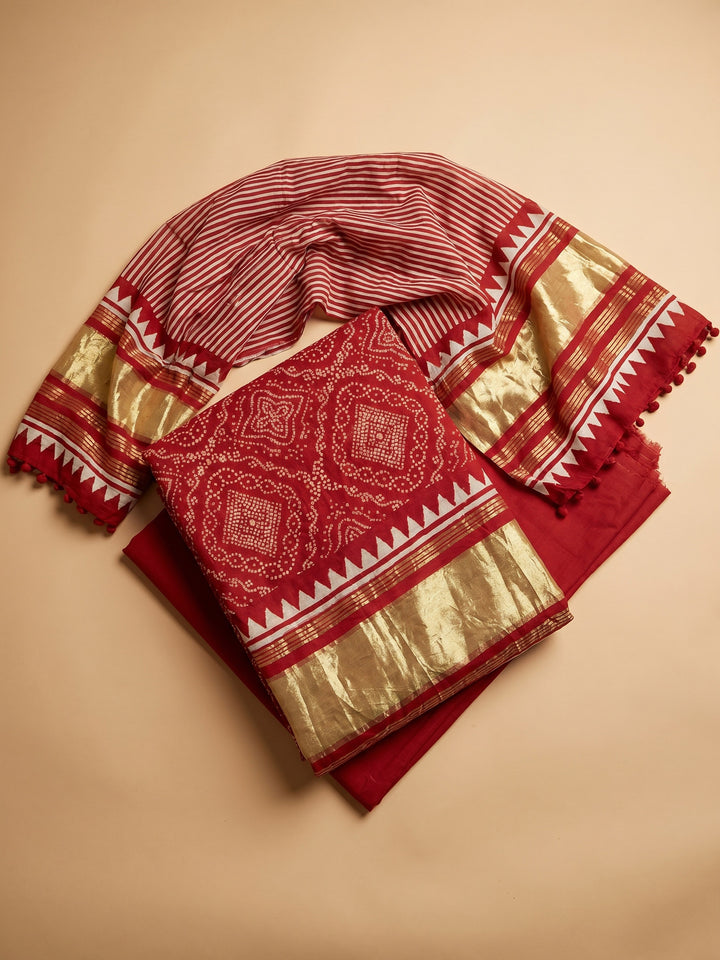 Red Printed Cotton Blend Unstitched Suit With Pant &amp; Dupatta
