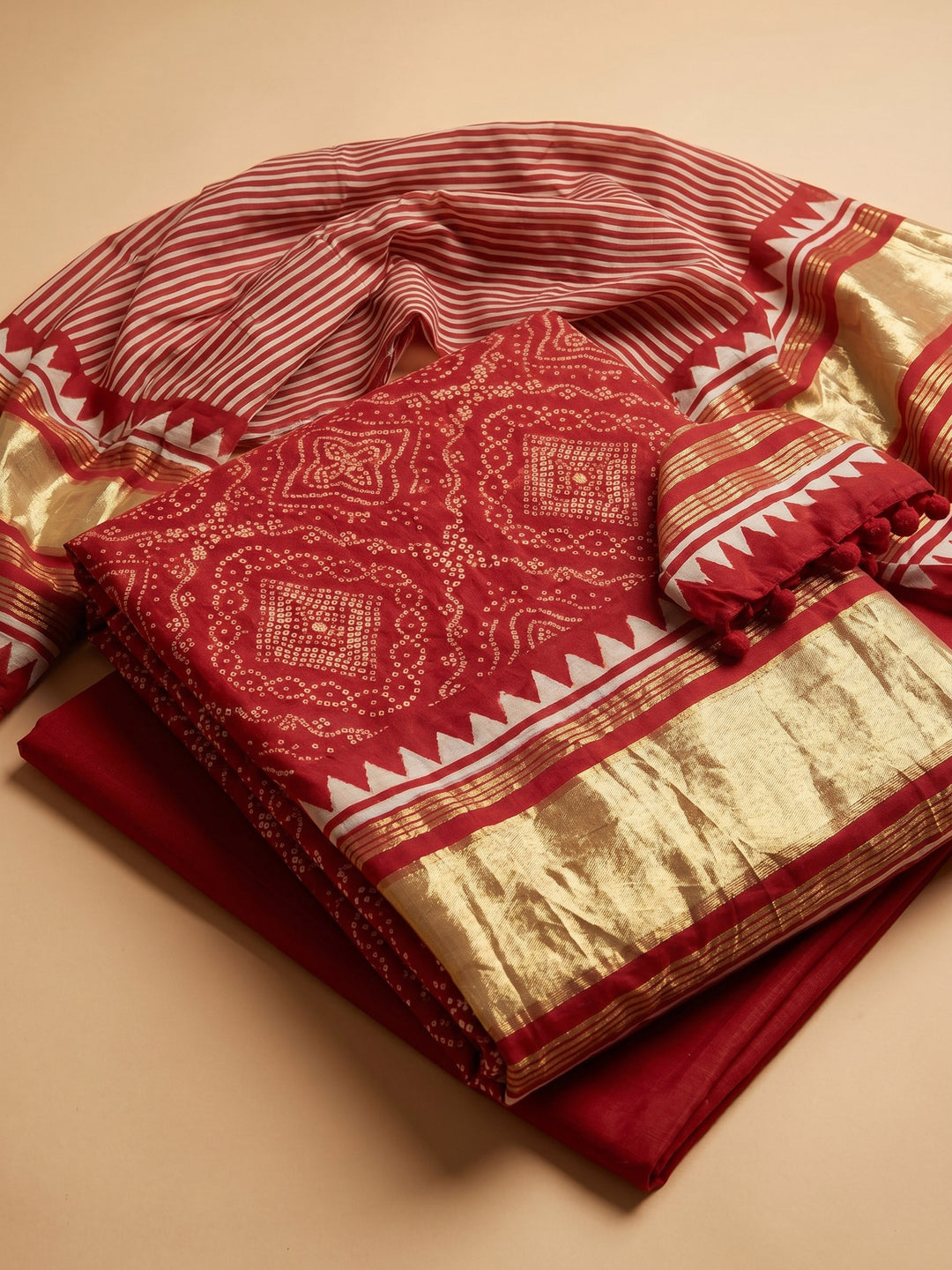 Red Printed Cotton Blend Unstitched Suit With Pant &amp; Dupatta