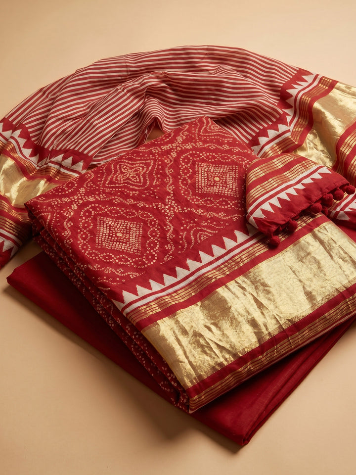 Red Printed Cotton Blend Unstitched Suit With Pant &amp; Dupatta
