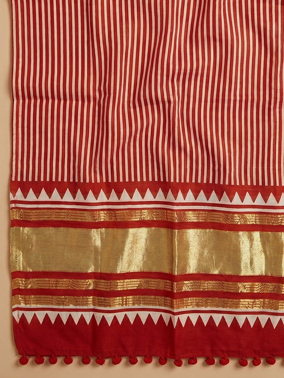 Red Printed Cotton Blend Unstitched Suit With Pant &amp; Dupatta
