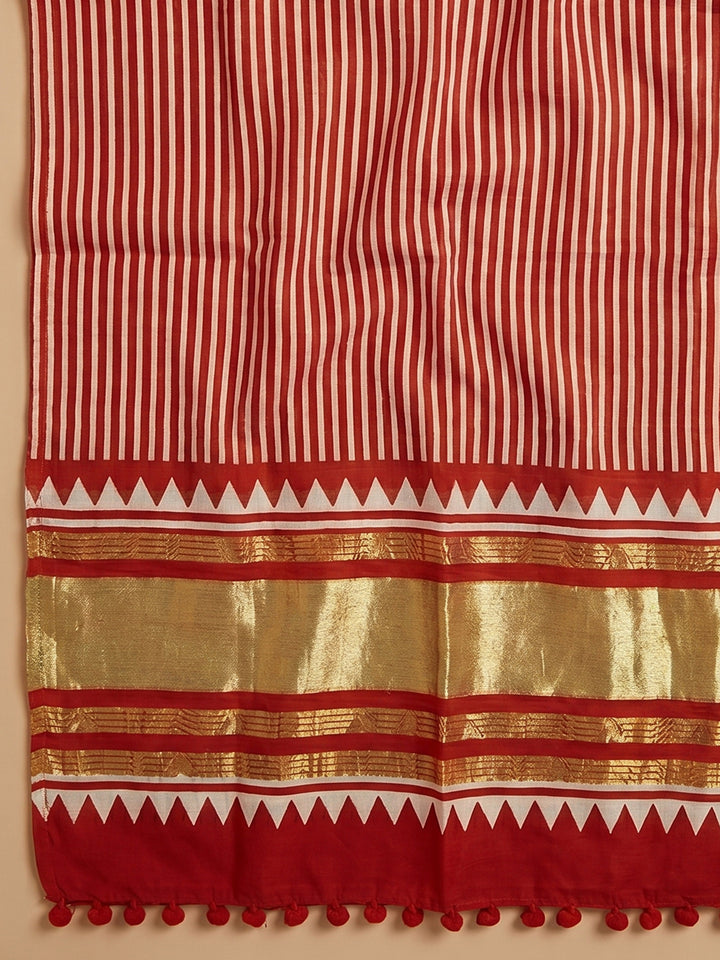 Red Printed Cotton Blend Unstitched Suit With Pant &amp; Dupatta