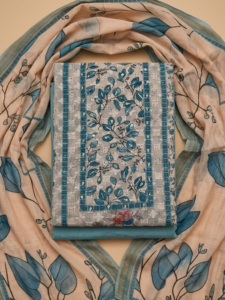 Blue Printed Cotton Blend Unstitched Suit &amp; Pant With Cotton Dupatta