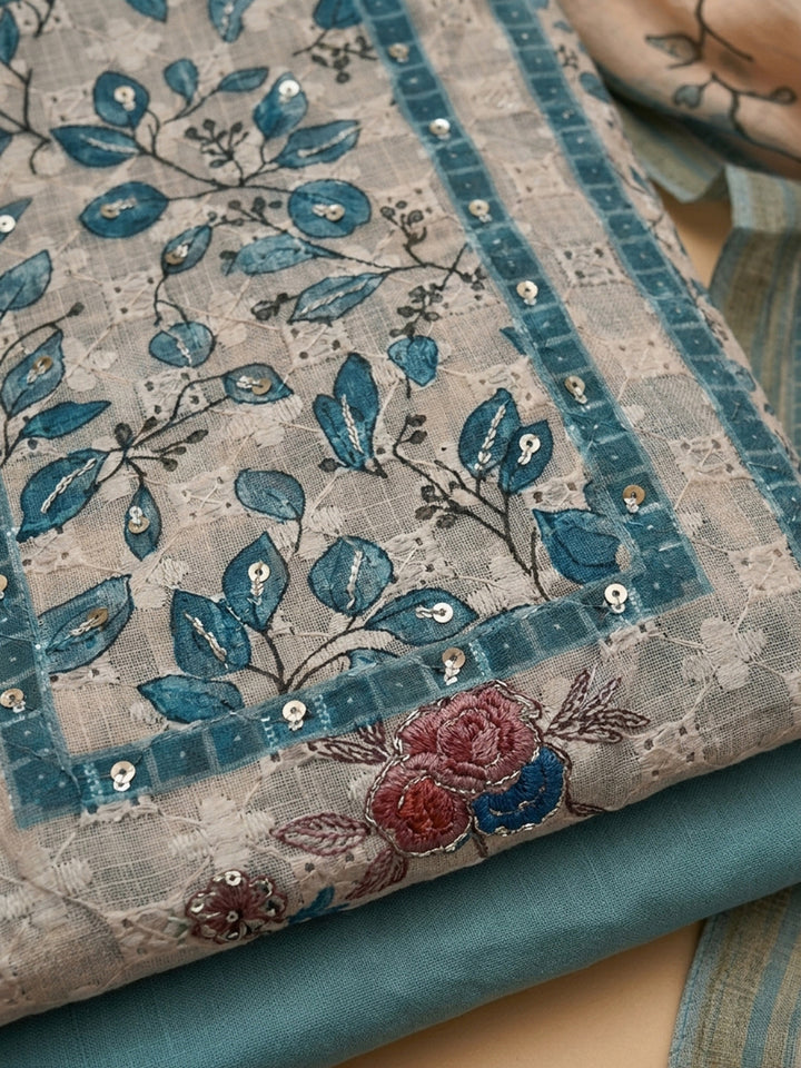 Blue Printed Cotton Blend Unstitched Suit &amp; Pant With Cotton Dupatta