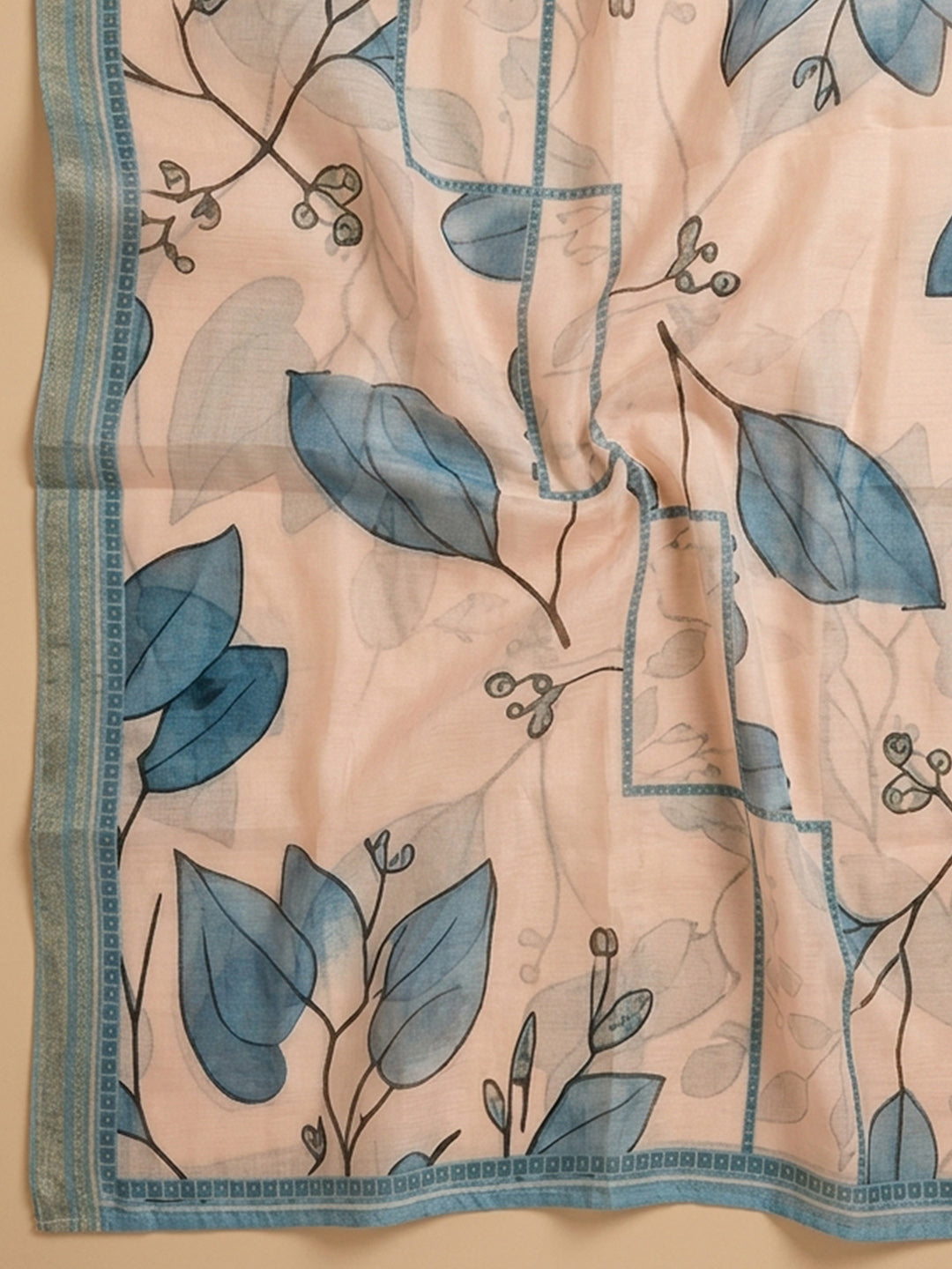 Blue Printed Cotton Blend Unstitched Suit &amp; Pant With Cotton Dupatta