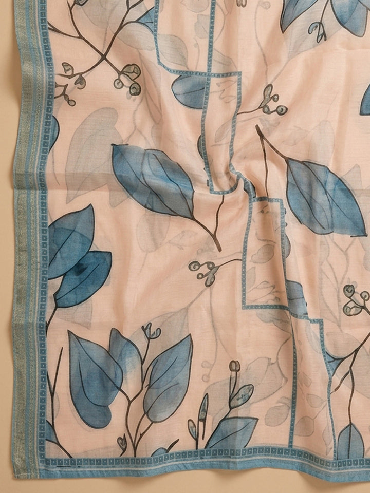 Blue Printed Cotton Blend Unstitched Suit &amp; Pant With Cotton Dupatta