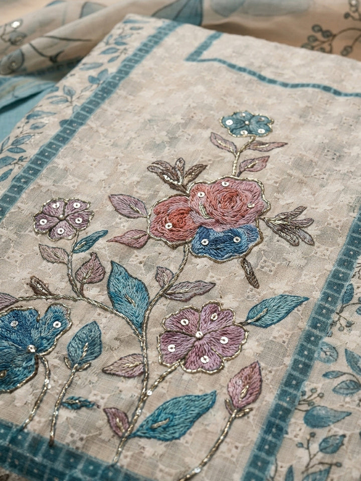 Blue Printed Cotton Blend Unstitched Suit &amp; Pant With Cotton Dupatta