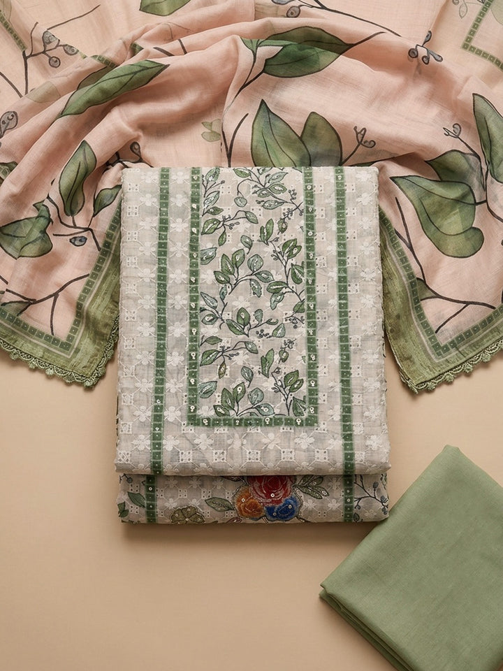 Green Printed Cotton Blend Unstitched Suit &amp; Pant With Cotton Dupatta