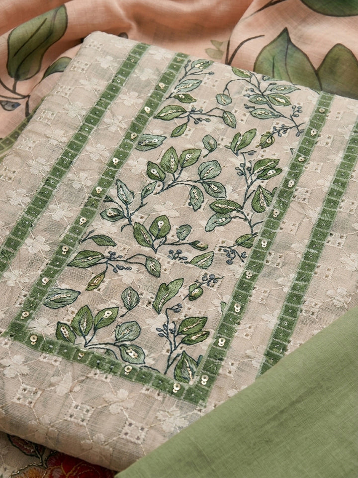 Green Printed Cotton Blend Unstitched Suit &amp; Pant With Cotton Dupatta