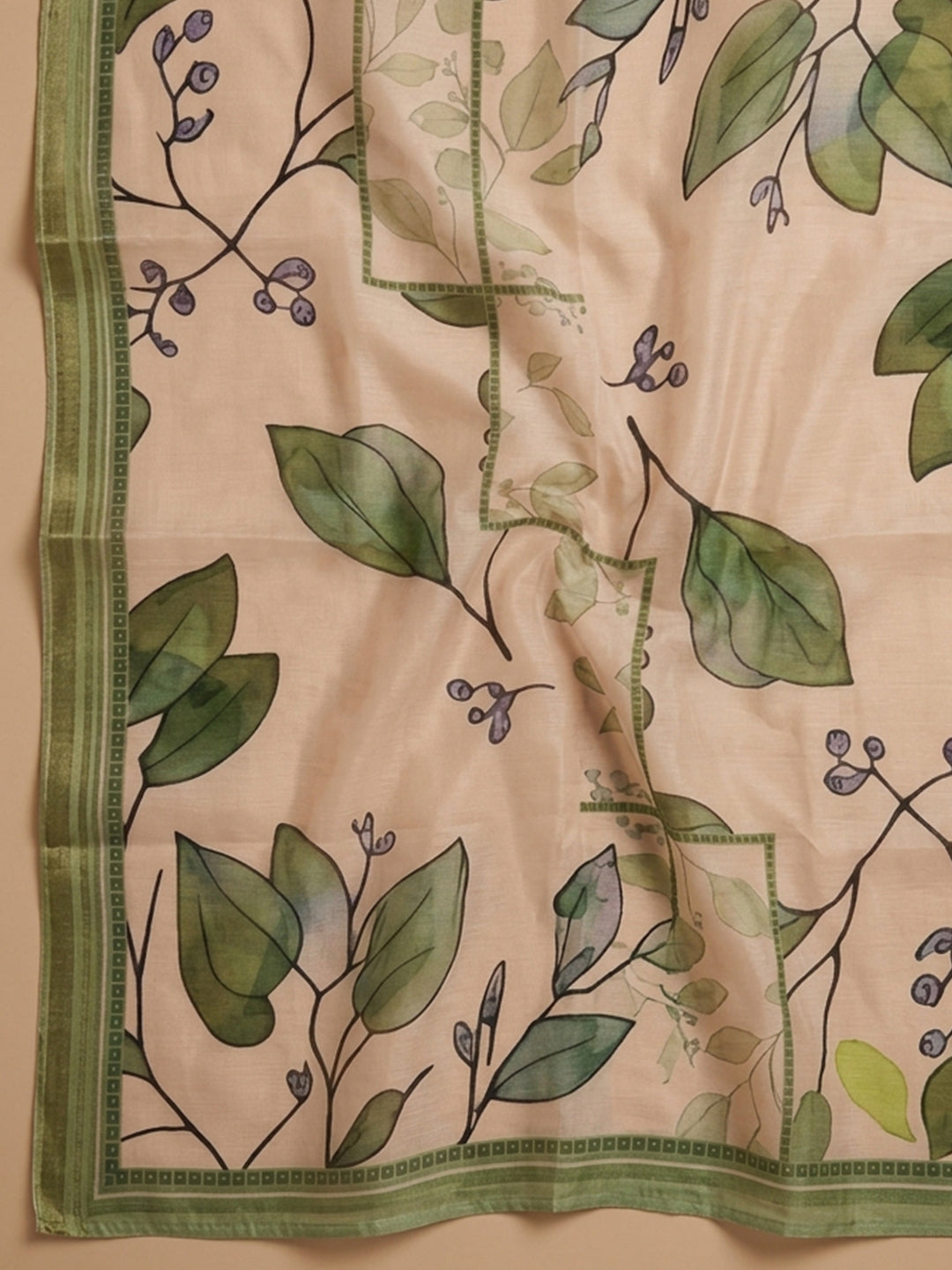 Green Printed Cotton Blend Unstitched Suit &amp; Pant With Cotton Dupatta