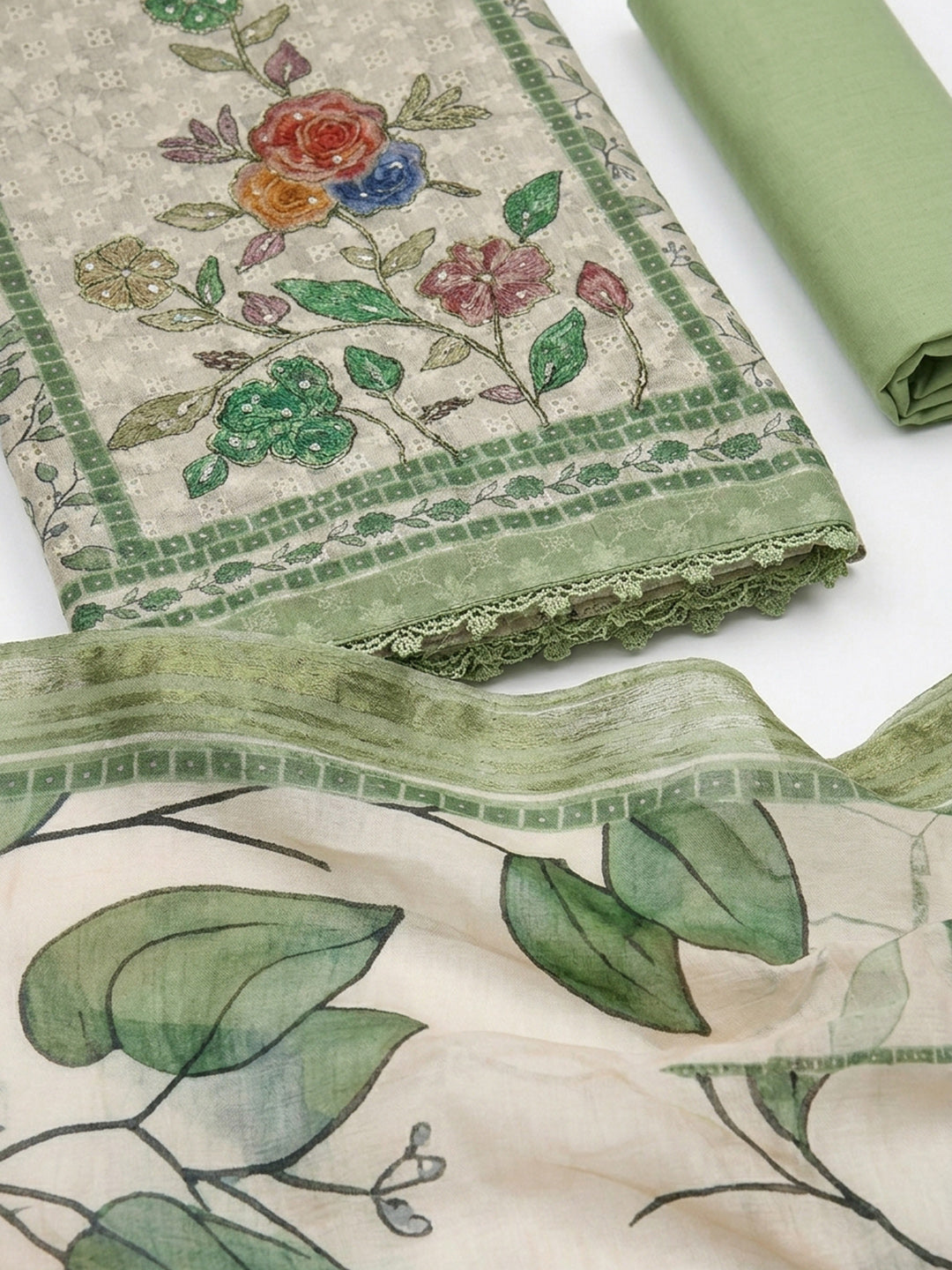 Green Printed Cotton Blend Unstitched Suit &amp; Pant With Cotton Dupatta