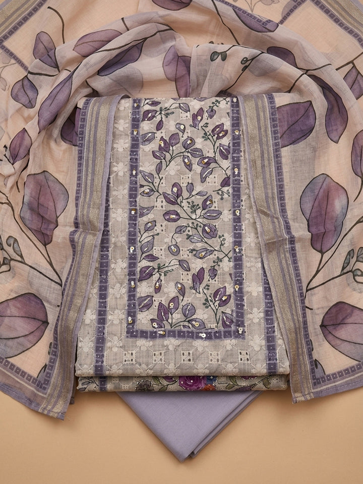 Lavender Printed Cotton Blend Unstitched Suit &amp; Pant With Cotton Dupatta
