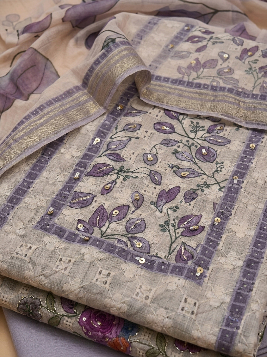 Lavender Printed Cotton Blend Unstitched Suit &amp; Pant With Cotton Dupatta
