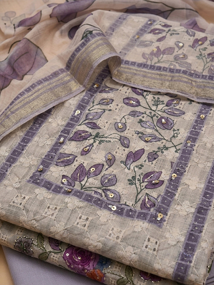 Lavender Printed Cotton Blend Unstitched Suit &amp; Pant With Cotton Dupatta