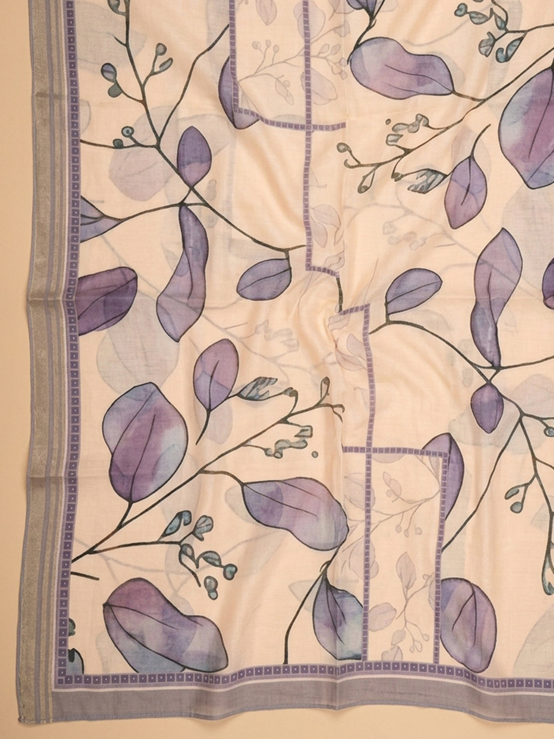 Lavender Printed Cotton Blend Unstitched Suit &amp; Pant With Cotton Dupatta