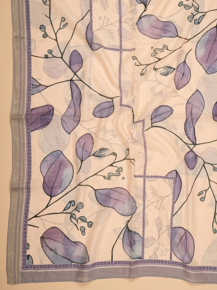 Lavender Printed Cotton Blend Unstitched Suit &amp; Pant With Cotton Dupatta