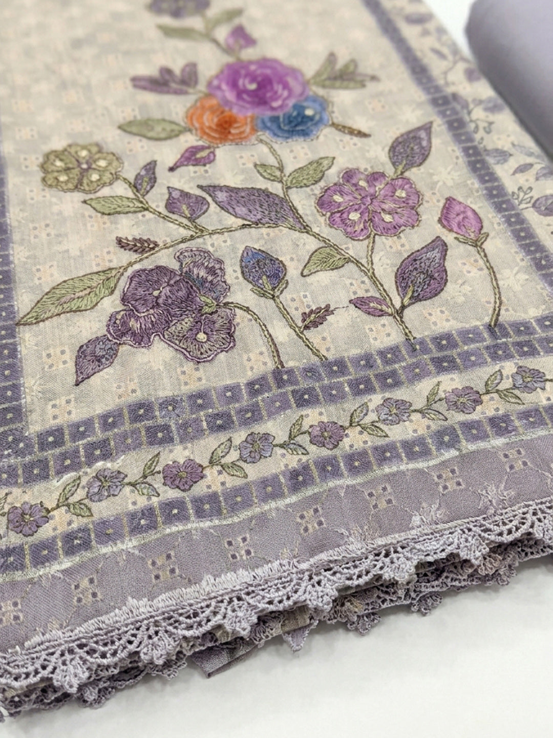 Lavender Printed Cotton Blend Unstitched Suit &amp; Pant With Cotton Dupatta