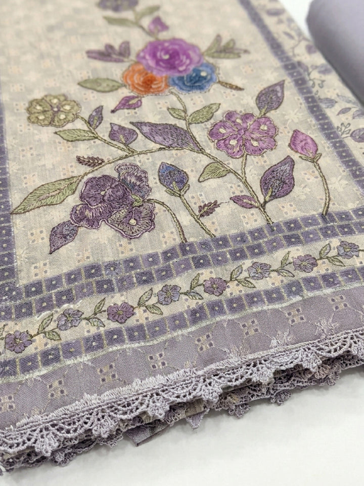 Lavender Printed Cotton Blend Unstitched Suit &amp; Pant With Cotton Dupatta