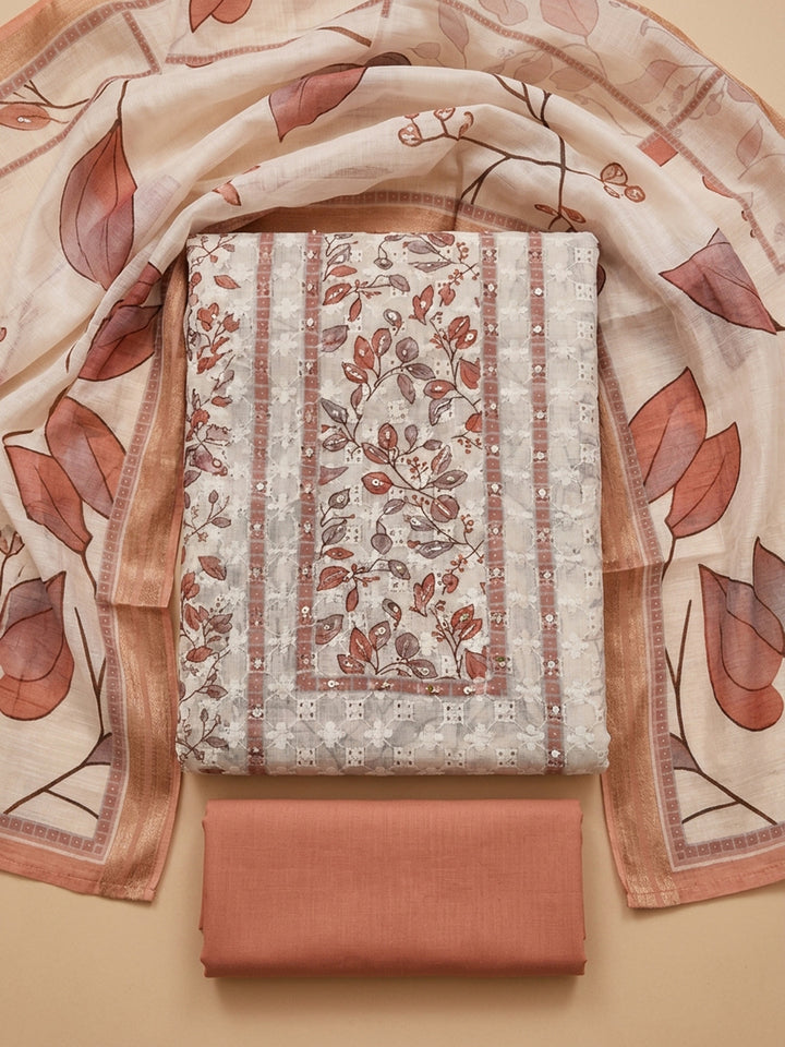 Rust Printed Cotton Blend Unstitched Suit &amp; Pant With Cotton Dupatta