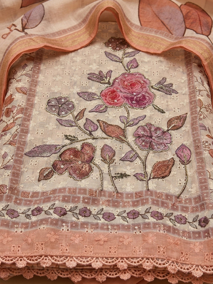 Rust Printed Cotton Blend Unstitched Suit &amp; Pant With Cotton Dupatta