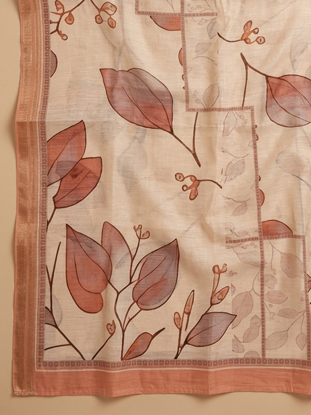 Rust Printed Cotton Blend Unstitched Suit &amp; Pant With Cotton Dupatta