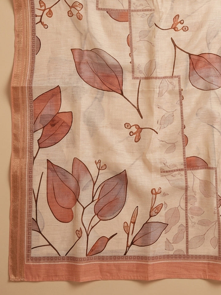 Rust Printed Cotton Blend Unstitched Suit &amp; Pant With Cotton Dupatta