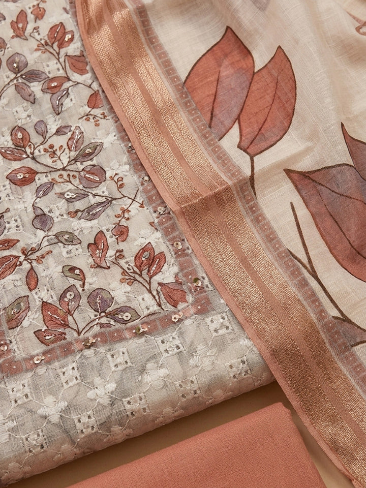 Rust Printed Cotton Blend Unstitched Suit &amp; Pant With Cotton Dupatta