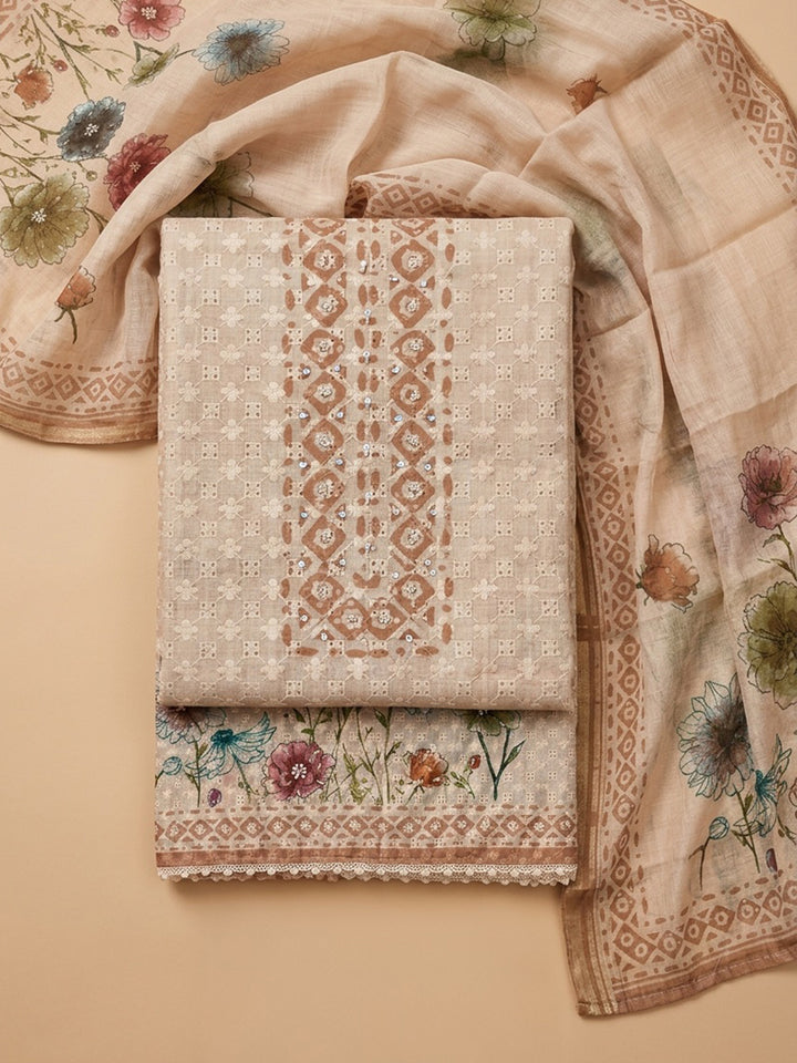 Beige Embroidered Cotton Blend Unstitched Suit &amp; Pant With Cotton Dupatta