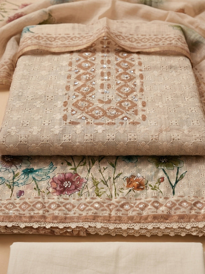Beige Embroidered Cotton Blend Unstitched Suit &amp; Pant With Cotton Dupatta